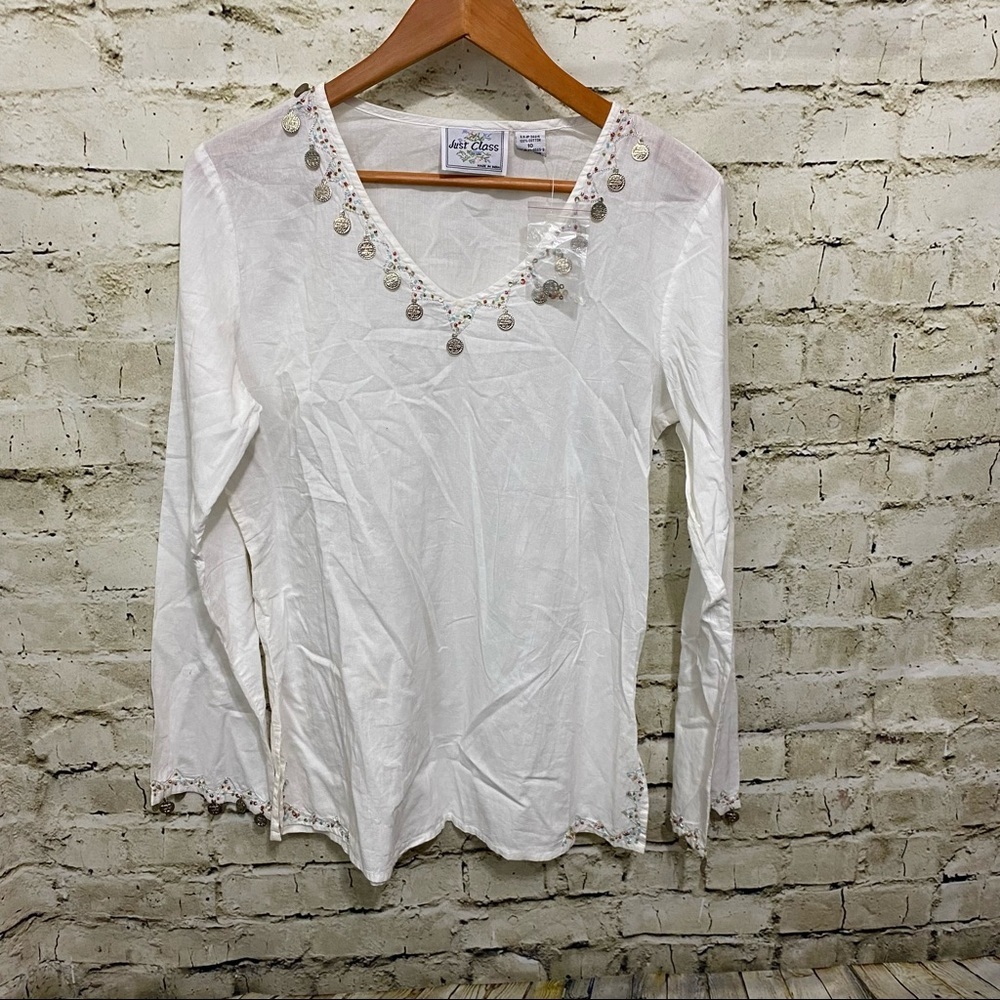 NEW Just Class White V Neck Beaded Jeweled Tunic Top